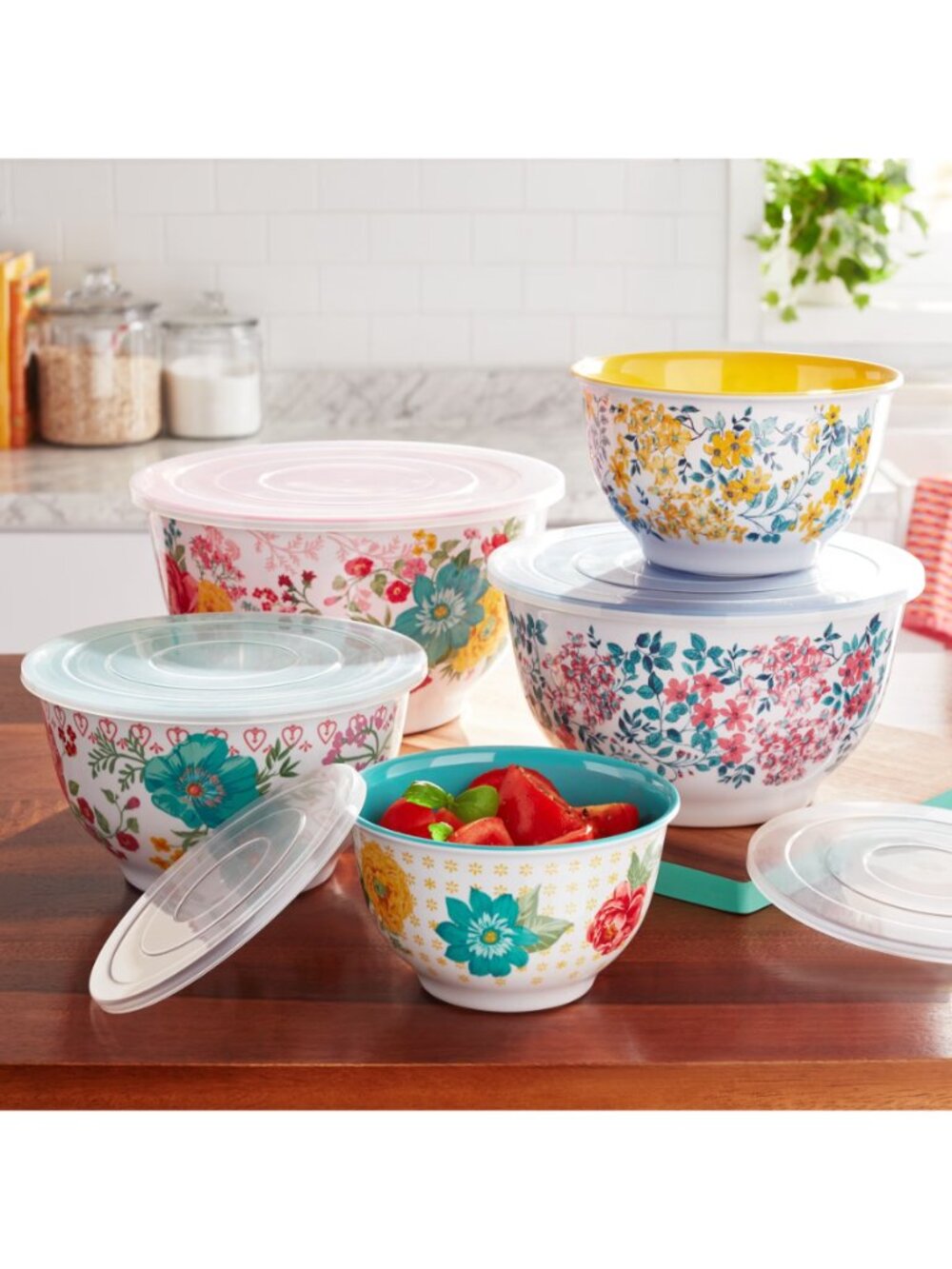 The Woman Pioneer Home Fancy Flourish lids 10-Piece Melamine Mixing Bowl Set